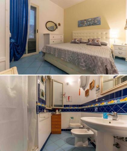a bedroom with a bed and a bathroom with a sink at Mimí sea house in Pollina