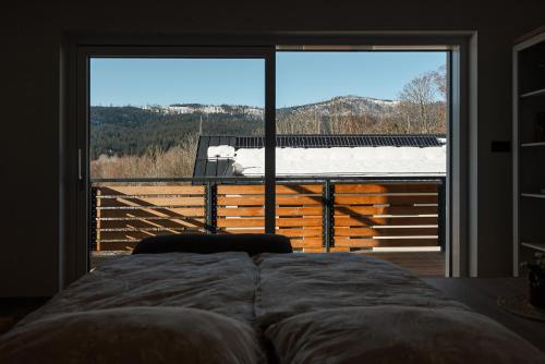 a bed in a bedroom with a large window at Resort Alpalouka in Špičák