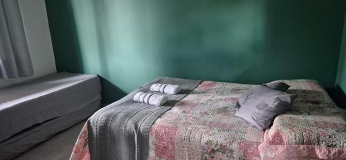 a green bedroom with a bed with three pillows at Residencial Mineiro- apartamento de 02 quartos in Itapoa