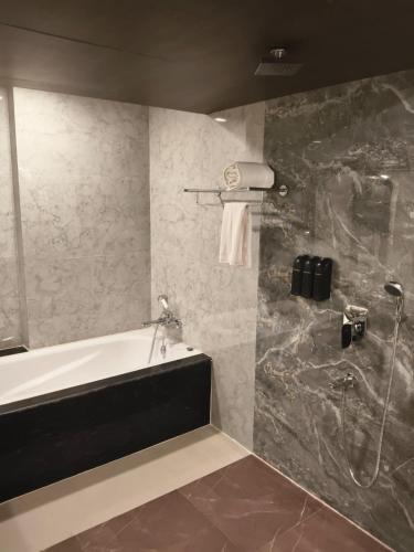 a bathroom with a bath tub and a shower at Aither in Digha