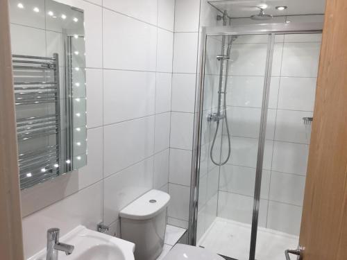 a bathroom with a shower and a toilet and a sink at Harpenden House in Harpenden