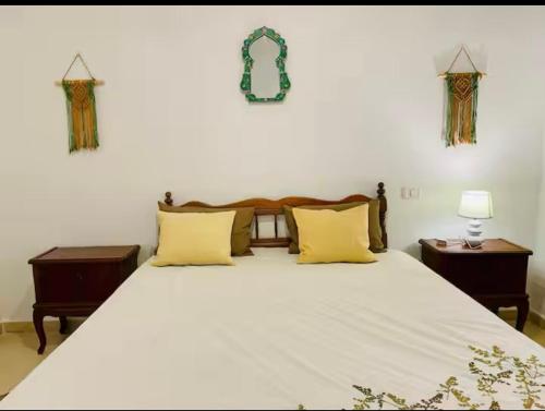 a bedroom with a large white bed with yellow pillows at Studio Authentique à Sidibousaid in Dar Salah Bey