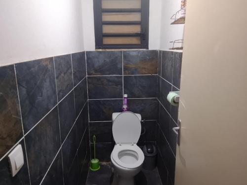a bathroom with a toilet in a tiled room at villa des Filaos et du lagon 0693-70'59'79 in Saint-Leu