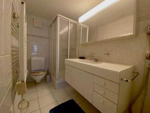 a white bathroom with a sink and a toilet at Appartment floor 1 in Thun