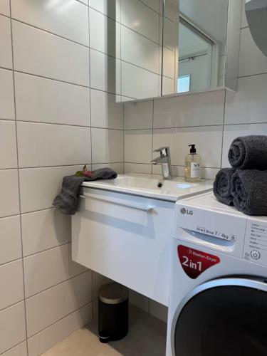 a bathroom with a sink and a washing machine at Cozy guesthouse in Vallda in Vallda