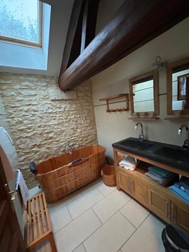 a bathroom with a sink and a bath tub at La Ferme de Francois in Saudron