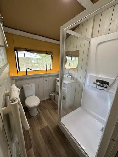 a small bathroom with a toilet and a sink at Blencathra - Safari Tent in Ambleside