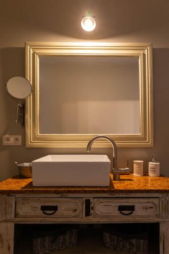 Un lavabo de baño frente a un espejo grande en B&B Kamer en Aambeeld, en Zoutleeuw