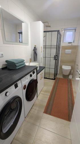 a bathroom with a washer and a sink and a washing machine at Heideperle, Ferienhaus in Schneverdingen