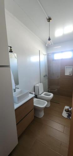 a bathroom with two toilets and a sink and a mirror at The Yerbal Thermal House in Termas de Guaviyú