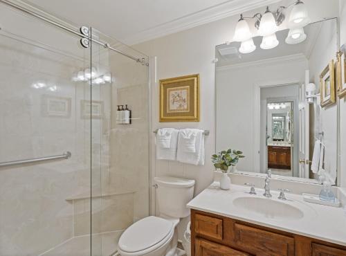 a bathroom with a shower and a toilet and a sink at Grenoble House in New Orleans