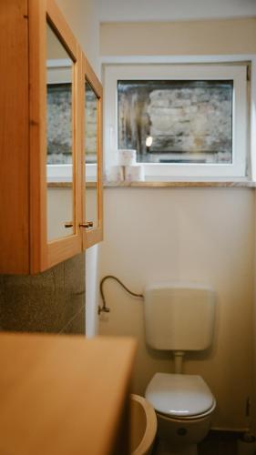 a bathroom with a toilet and a window at Zentrales Apartment Lichtenfels in Lichtenfels