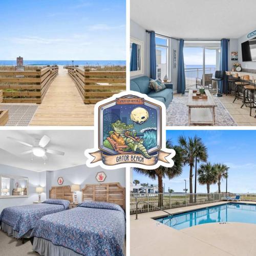 a collage of pictures of a hotel room with a pool at Oceanside Escape Condo w/ Ocean Views + Pools in Myrtle Beach
