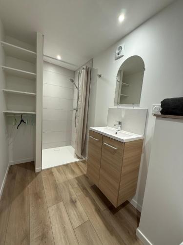 a white bathroom with a sink and a shower at Le Petit Rhuys-parking-wifi in Surzur