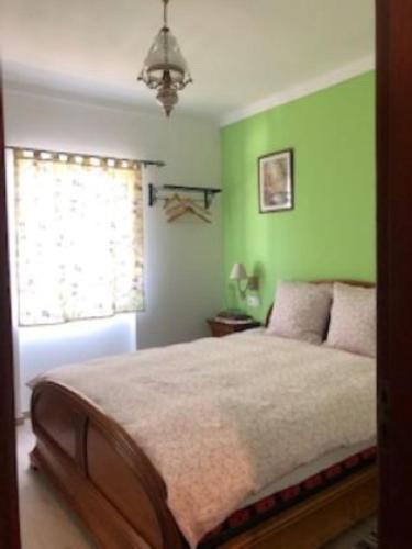 a bedroom with a bed and a green wall at vivenda descollaz in Falcoeiras