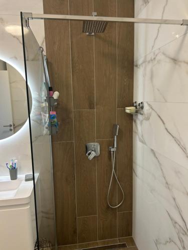 a bathroom with a shower with a glass door at Apartman MAD Bjelasnica in Bjelašnica