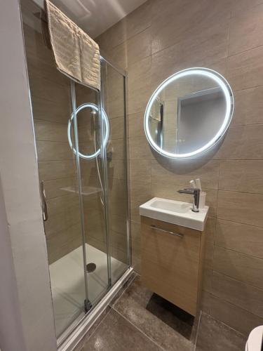 a bathroom with a shower and a sink and a mirror at Appartement plein centre avec jardin de 40m2 près des plages in Propriano