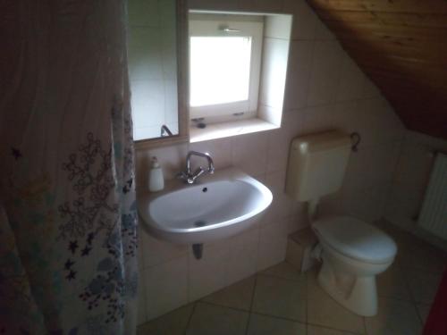 baño con lavabo y aseo y ventana en Rita Vendégszobák, en Sopron