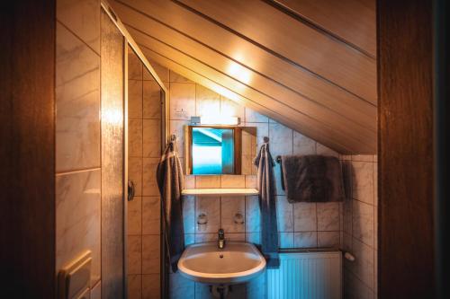 a bathroom with a sink and a mirror at Pension Kuntschner in Mittersill