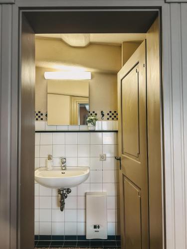 a bathroom with a sink and a mirror at Denkmalsuites Quedlinburg in Quedlinburg