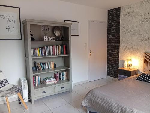 a bedroom with a book shelf filled with books at Le Havre de Paix in Céret