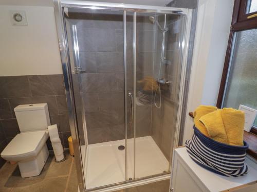 a shower stall in a bathroom with a toilet at The Barn on The Lagoon in Droitwich