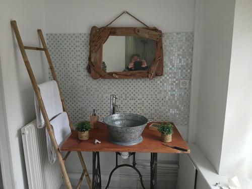a woman taking a picture of a bathroom sink at suite nature huelgoat in Bannalec