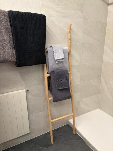 a towel rack in the corner of a bathroom at Studio rénové Ovronnaz chalet Orion in Ovronnaz