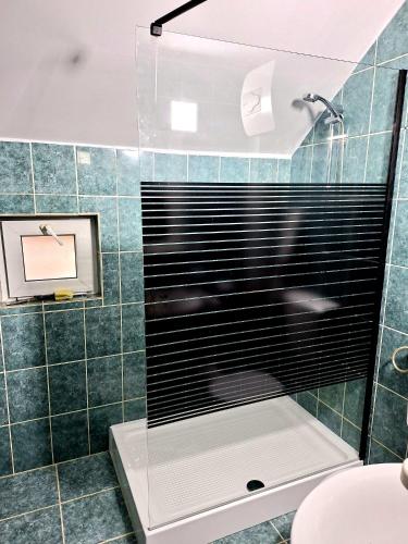 a bathroom with a shower with a glass door at Edelweiss Ilinca in Zărneşti