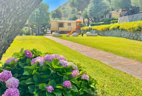 a garden with purple flowers in a yard at Villaggio Turistico La Fenosa in Marina di Camerota