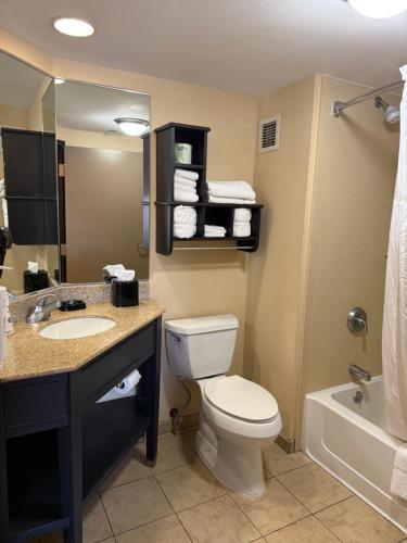 a bathroom with a toilet and a sink and a tub at Hampton Inn Harrisburg/Grantville/Hershey in Grantville