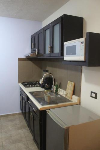a kitchen with a sink and a microwave at Villas Tecuanapan in Xalapa