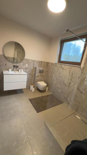 a bathroom with a sink and a toilet and a mirror at Apartament Cisza Leśna in Gołubie
