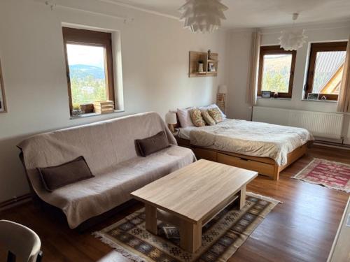 a living room with a couch and a bed at Villa Rustica in Šišava