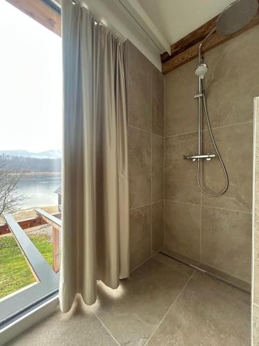 a bathroom with a shower with a large window at SeeChalet Hallstatt in Bad Goisern