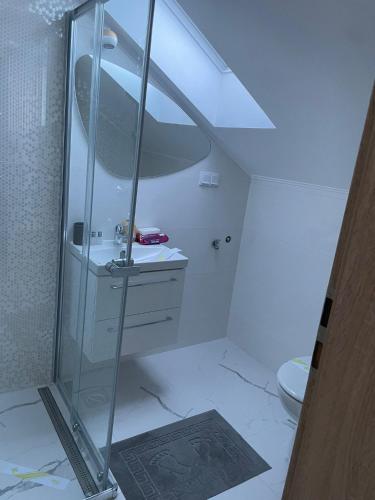 a bathroom with a glass shower with a toilet at Marova Luxury Loft Caraiman View in Buşteni