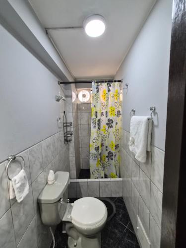 a small bathroom with a toilet and a shower at Apartamento Acogedor, tranquilo y privado in Lima