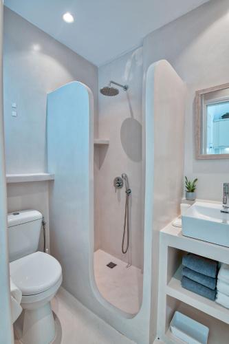a bathroom with a shower and a toilet and a sink at Glaros Studios Apartments in Antiparos