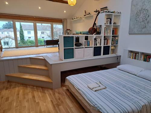 a bedroom with a bed and a book shelf at L'estrade des Alpes 45m2 petit-déjeuner inclus in Saint-Alban-de-Roche
