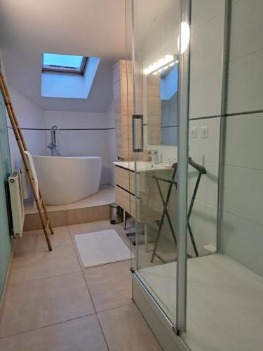 a bathroom with a bath tub and a sink at L'estrade des Alpes 45m2 petit-déjeuner inclus in Saint-Alban-de-Roche