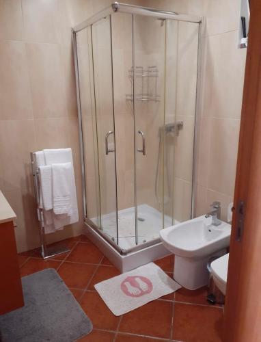 a bathroom with a shower and a toilet and a sink at Casa Afonso in Ventosa