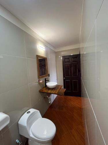 a bathroom with a white toilet and a sink at Hotel Wilson Upala in Upala