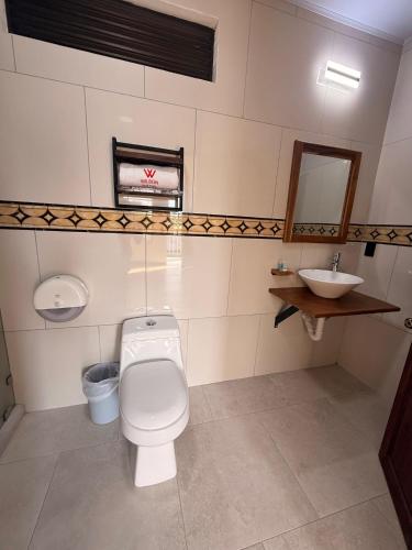a bathroom with a toilet and a sink at Hotel Wilson Santa Cruz in Santa Cruz