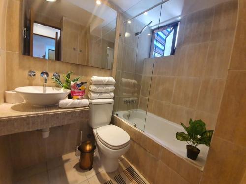 a bathroom with a toilet and a sink and a tub at Living Suite in El Cerrillo
