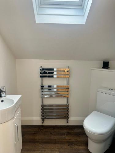 a bathroom with a white toilet and a sink at Upper Valley View in Keynsham