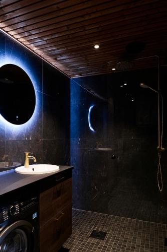 ein Badezimmer mit Waschbecken und Waschmaschine in der Unterkunft Jauri Resort in Kemijärvi