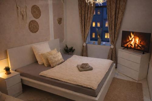 a bedroom with a bed with a fireplace and a television at City Honor Extravagance in Linz