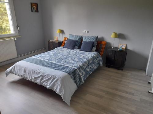 a bedroom with a large bed with blue and white sheets at 1 Chambre d hôtes dans un écrin de verdure in Dambach