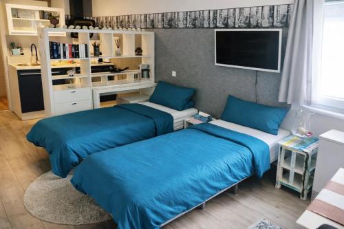 two beds in a room with blue sheets at Wohnung mit Charme, Netflix in Rheinstetten