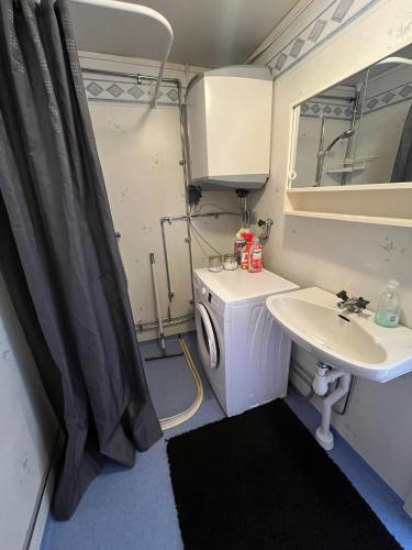 a bathroom with a sink and a washing machine at Oleby Källbacken in Torsby